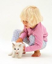 Young blonde haired girl, picking up a kitten. Model released