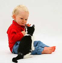 Toddler sitting with Black-and-white kitten. Model released