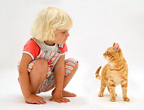 Portrait of young blonde haired girl sitting with ginger cat. Model released