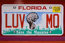 A Florida car licence plate promoting Manatee conservation, Crystal River, Florida. USA. 2008
