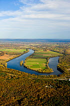 Aerial view of a meander in the Connecticut River, farmland and woodlands, Hadley, nr Northampton, Massachusetts, USA, November 2007