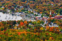 Aerial view of Camden town and harbour, viewed from Mount Battie in the Camden Hills State Park, Penobscot Bay, Maine, USA, October 2009