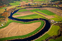 Aerial view of a meander in the Connecticut River as it flows through farmland between Newbury, Vermont and Haverhill, New Hampshire, USA, October 2007
