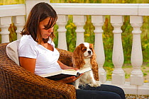 Young woman reading book with Cavalier King Charles Spaniel on her lap, blenheim