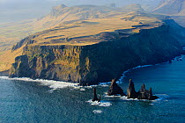 Aerial view of Dyrholaey and Reynisdrangar, near Vik, in South Iceland, April 2010