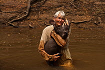 Diane McTurk carrying a Giant otter (Pteronura brasiliensis) into the river, habituated, Karanambu Otter Trust for re-introduction, Rupununi, Guyana, Endangered species, August 2009