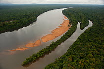 Aerial view of Essequibo River and rainforest, Iwokrama Reserve, Guyana, December 2009