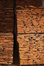 Cork bark stacked to straighten before going through steam room and then cut and fed through machines to make corks for the wine industry, Ramirez Galano Wine Cork Factory, San Vicente de Alcantera, E...
