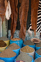 Spices and snake skins for sale in the Medicine and Fetish Market,  Djemaa el-Fna (the square), Marrakech, Morocco, June 2009