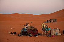 Berber tent with livestock in the Dunes of Erg Chebbi, near the village of Merzouga, Morocco, June 2009