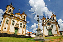 Sao Francisco de Assis Church, the whipping-post (Pillory) and the Nossa Senhora do Carmo Church, in Minas Gerais Square, in Mariana town, Minas Gerais State, southastern Brazil. March 2010