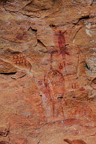 Rupestrian prehistoric paintings thought to be 12,000 years old. Serra da Capivara National Park, municipality of Sao Raimundo Nonato, Piaua State, northeastern Brazil. July 2010