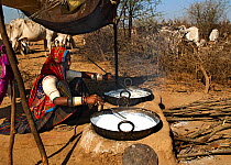 Maldhari woman making 'khova', milk solids left over after constant boiling, Kutch, Gujarat, India, April 2009