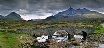 The Old Sligachan Bridge with view over Sgurr nan Gillean and the Red and Black Cuillins, Isle of Skye, Inner Hebrides, Scotland, UK, May 2010