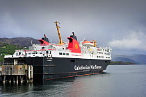 Caledonian MacBrayne Ferry at Ullapool pier with destination Stornoway, Highlands, Scotland, UK, May 2010