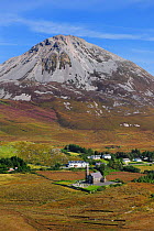 Aerial view of Mt Errigal and Dunlewy church, Derryveagh Mountains, County Donegal, Republic of Ireland, September 2009