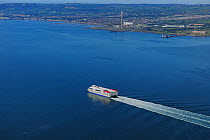 Aerial view of passenger and car ferry travelling to Belfast Harbour, Belfast Lough, County Antrim, Northern Ireland, UK, September 2009