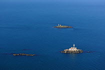 Aerial view of The Maidens, rocks and the old and new lighthouse, off the coast of Larne, County Antrim, Northern Ireland, UK, September 2009