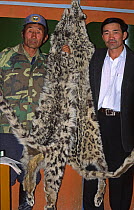 Two poached Snow Leopard skins (Panthera uncia) held by a Ranger, Tchoichin (left) and the Director of Gobi National Park (right) Mongolia,