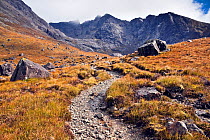 Footpath leading up to Ciore Lagan and Sgurr Sgumain, above Glenbrittle. Cuillin Hills/Mts, Isle of Skye, Scotland. September 2010.