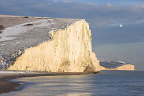 The Seven Sisters chalk cliffs with a dusting of snow. Cuckmere Haven, Sussex, UK, December 2009.