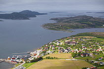 Aerial view over village of Lausvnes (location for sea eagle safaris). Flatanger, Norway, July 2010.
