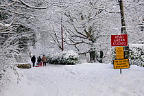 Family and dog walking on snow covered country lane, closed to traffic, Wiltshire, UK, December 2010