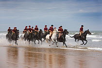 Household Cavalry exercising their horses on Holkham Beach, Norfolk, UK, July 2008