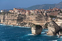 View of Bonifacio town, and limestome cliffs. Corsica island, France, February 2010