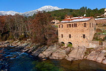 An old mill on the Asco river, Parc Naturel Regional de Corse, Calvi, Corsica island, France, February 2010
