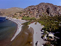 Preveli beach, at the mouth of the river Megalos Potamos, can be reached only on foot or by boat. Crete, Greece.