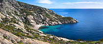 Panoramic view of the cove of Cala S. Maria, Montecristo island, Tuscany Archipelago National Park, Italy, June 2010