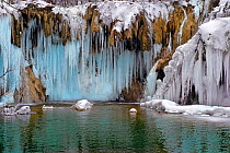 The Galovacki Buk barrier and falls, frozen in winter, Plitvice Lakes National Park, Croatia