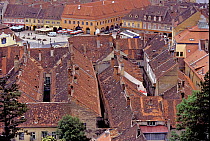 View of roof tops in the old town district of Brasov, Transylvania, Romania
