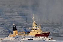 Ship snowed up in the harbour of Kirkenes town, Sor-Varanger, Finnmark, Norway, February 2007