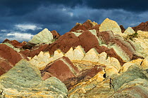 Layers of different coloured sedimentary rocks (sandstone, mudstone, dolomite, limestone) Vardo, Finnmark, Norway, July 2006
