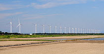 Windfarm with twenty-five wind turbines in a row, near ploughed rice paddies, Port St. Louis, Rhone delta, France, May 2010