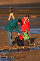 Two fathers with young children looking at Severn estuary intertidal zone,Gloucestershire,England,UK, December 2009. MRDELETE
