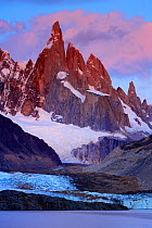 Laguna Torre and Grande glacier below Cerro Torre (3102 m) at dawn, Los Glaciares National Park, Andes, Patagonia, Argentina, January 2006