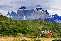 Los Cuernos del Paine and the Espada peaks seen from the Hostel Pehoe on the W Trek, Torres del Paine National Park, Patagonia, Chile, January 2006