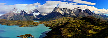 Pehoe Lake with the Hosteria Pehoe and the mountains of Torres del Paine from the Condor viewpoint, Torres del Paine National Park, Patagonia, Chile, January 2006