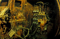 Electricity system in engine room of wrecked crude oil super-tanker "Amoco Milford Haven", which sank on April 14th, 1991 after three days of fire. Genoa, Italy, 2002.