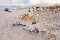 Discarded  drinks cans / litter on the sand. White Sands National Park, New Mexico, USA