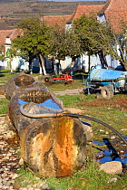 Water butt made out of oak tree, showing sustainable use of natural resources in peasant community. Romania, October 2010