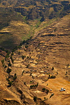 Aerial view of buildings and roads in the Chennek region. Simien Mountains, Ethiopia, Feb 2010