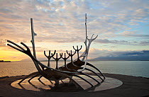 Solfar (Sun Voyager) sculpture on the waterfront in Reykjavik. The steel sculpture represents a Viking ship. Iceland, July 2009