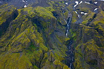 Waterfalls in a volcanic landscape. Myrdalsjokull Glacier, South Iceland, July 2009