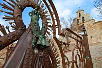 Figure of the Madonna and Child on the gates of the Sanctuary of the Virgen de la Cabeza in Sierra de Andujar Natural Park, Jaen, Andalusia, Spain, Jan 2010