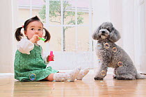 Portrait of young girl, blowing bubbles with Toy Poodle