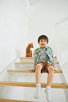 Portrait of young boy, sitting on stairs with Toy Poodle puppy